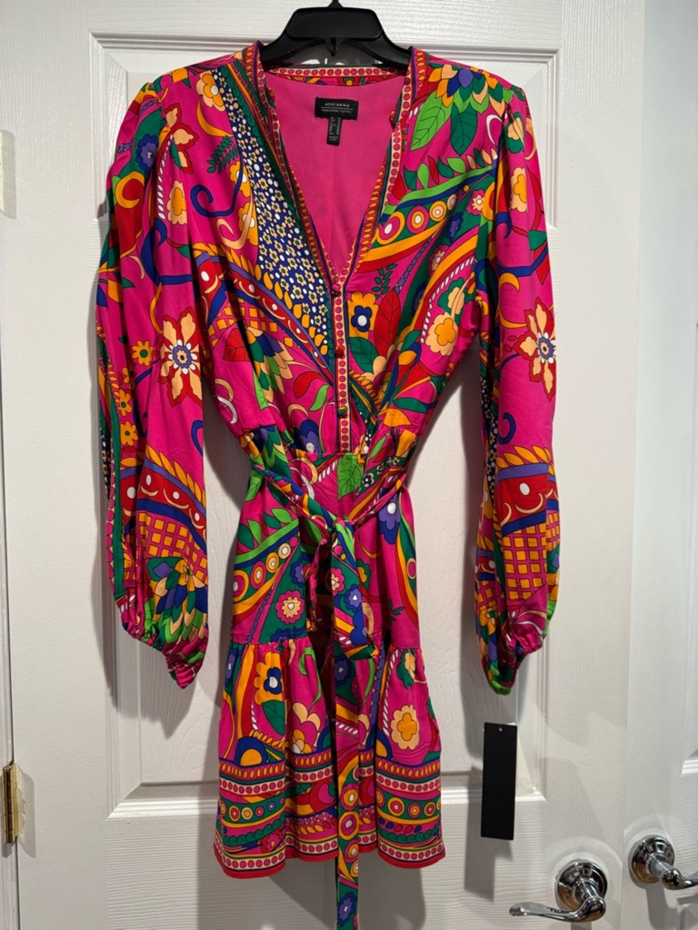 Adrianna Papell Hot Pink Multicolor Paisley Tie-Waist Long Sleeve Dress